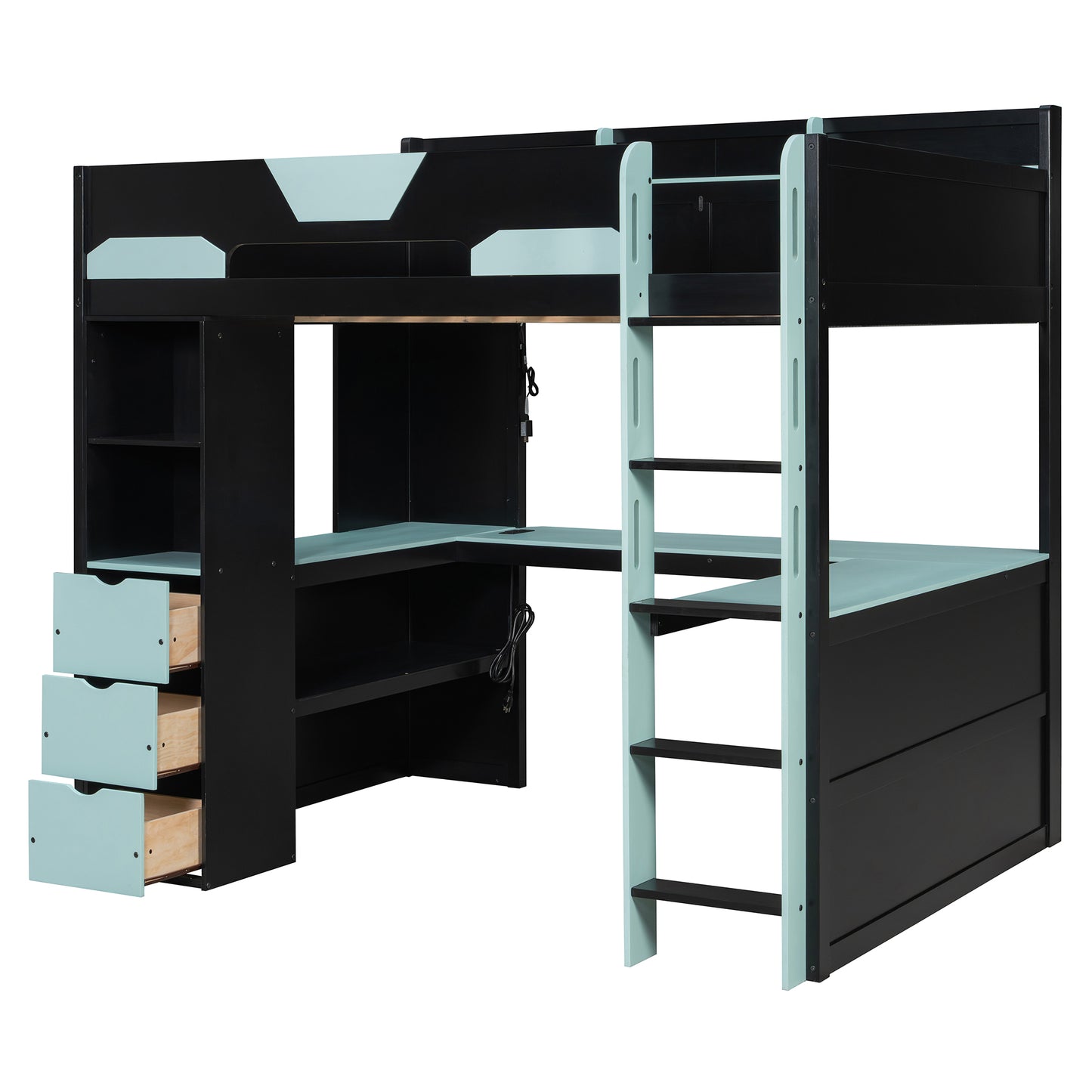 Full Size Wooden Gaming Loft Bed with U-Shaped Desk, Smart RGB LED Lights and USB Ports, Multi-Functional High Sleeper with 3 Drawers and Storage Shelves for Teens Adults, Black+Blue image 9