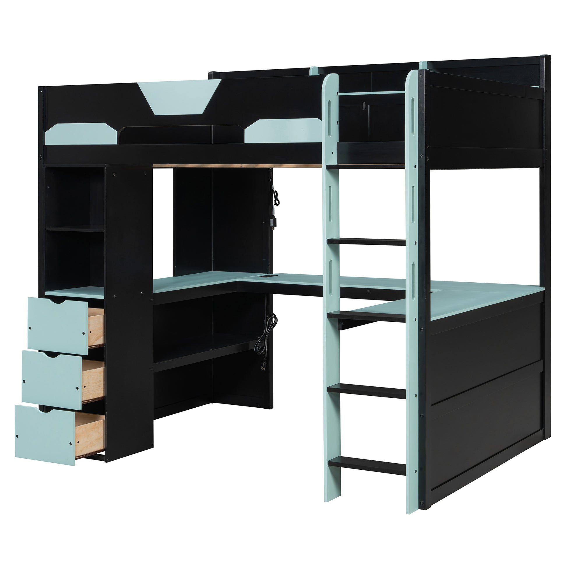 Full Size Wooden Gaming Loft Bed with U-Shaped Desk, Smart RGB LED Lights and USB Ports, Multi-Functional High Sleeper with 3 Drawers and Storage Shelves for Teens Adults, Black+Blue image 9