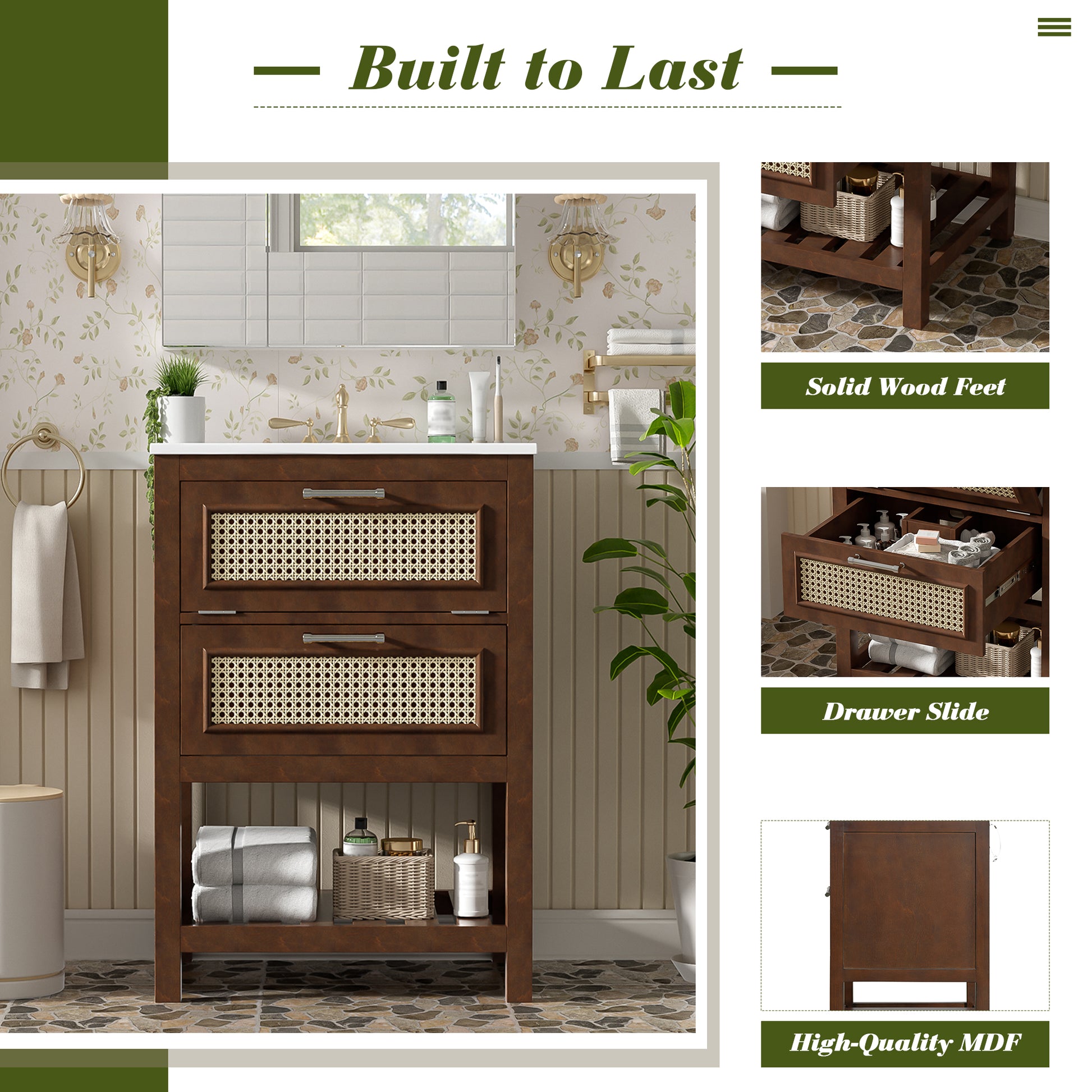 24" Bathroom Vanity with Integrated Ceramic Sink, Bathroom Cabinet with 1 Deep Drawer, 1 Tip-Out Drawer, Single Sink Bathroom Vanity for Small and Medium Restroom image 6