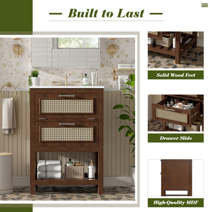 24" Bathroom Vanity with Integrated Ceramic Sink, Bathroom Cabinet with 1 Deep Drawer, 1 Tip-Out Drawer, Single Sink Bathroom Vanity for Small and Medium Restroom image 6