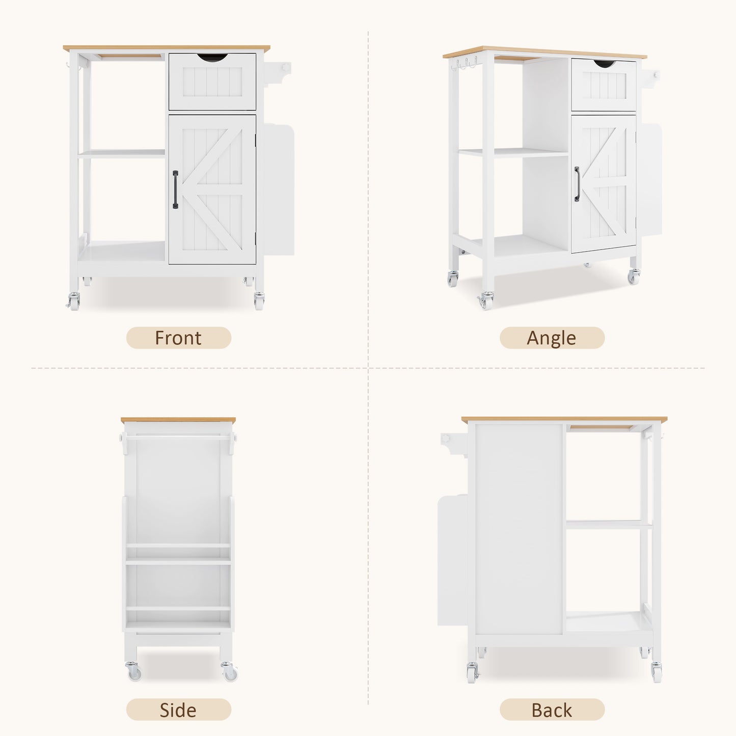 Kitchen Island Cart with Mobile Carts with Storage Cabinet, Rolling Kitchen Table with Spice Rack, Towel Rack, and Drawer, Portable Islands on Wheels, White image 10