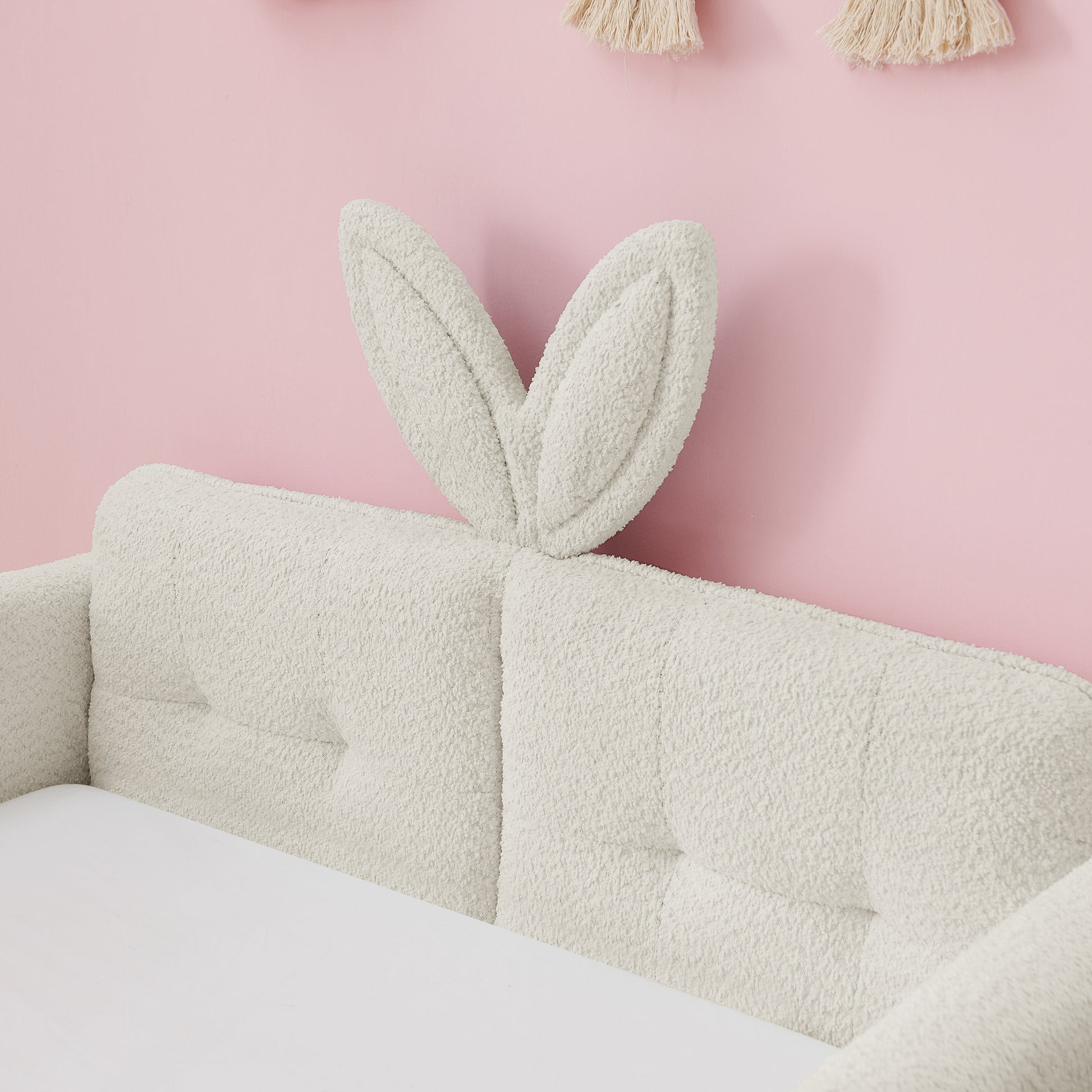 Twin Size Upholstered Platform Bed with Cute Rabbit Ear Shaped Headboard, with Safety Rail and Pocket, Boucle Fabric, Beige image 4