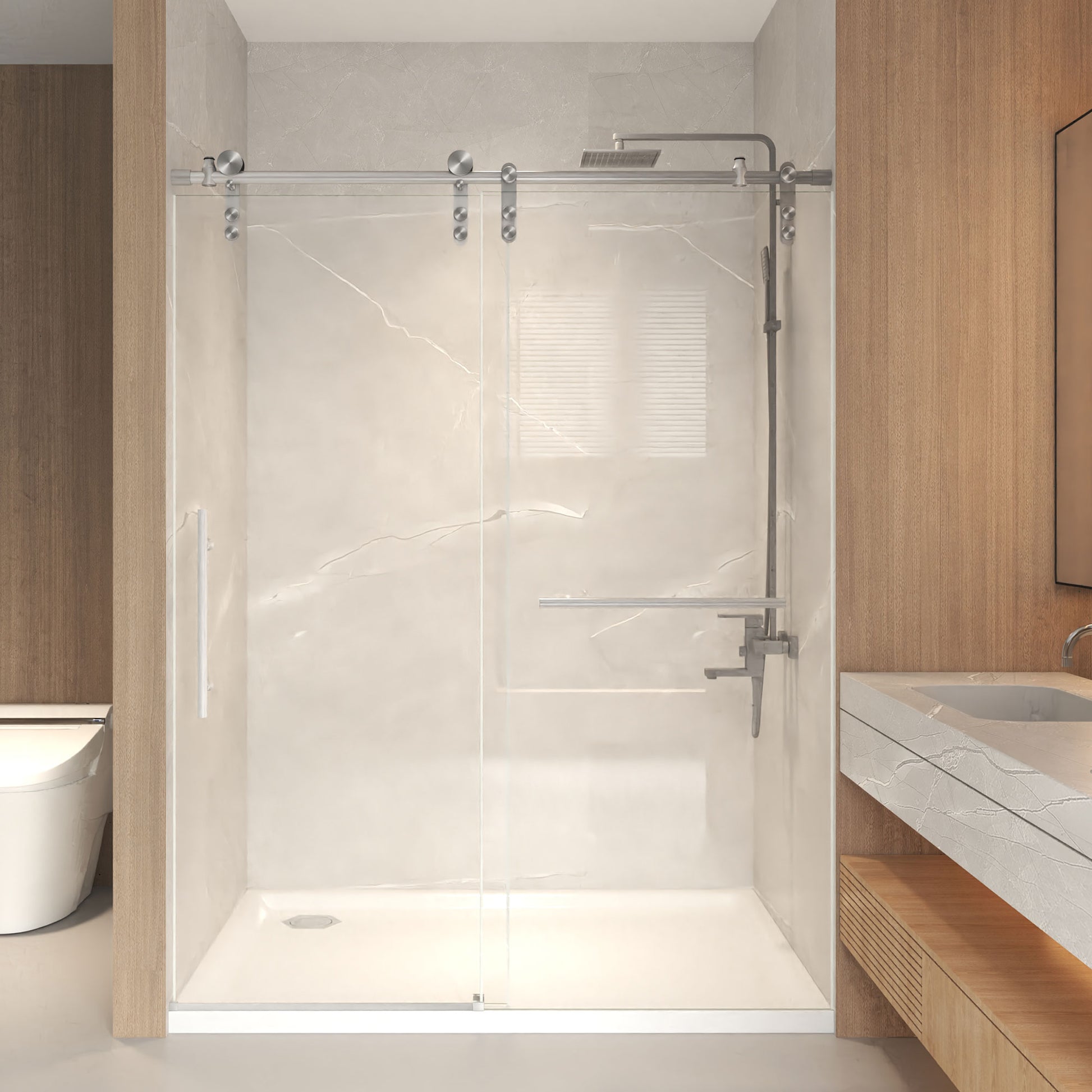 44-48" x 76" H Frameless Sliding Shower Door, 5/16" (8mm) Clear Tempered Glass, Stainless Steel Frame,Brushed Nickel image 1