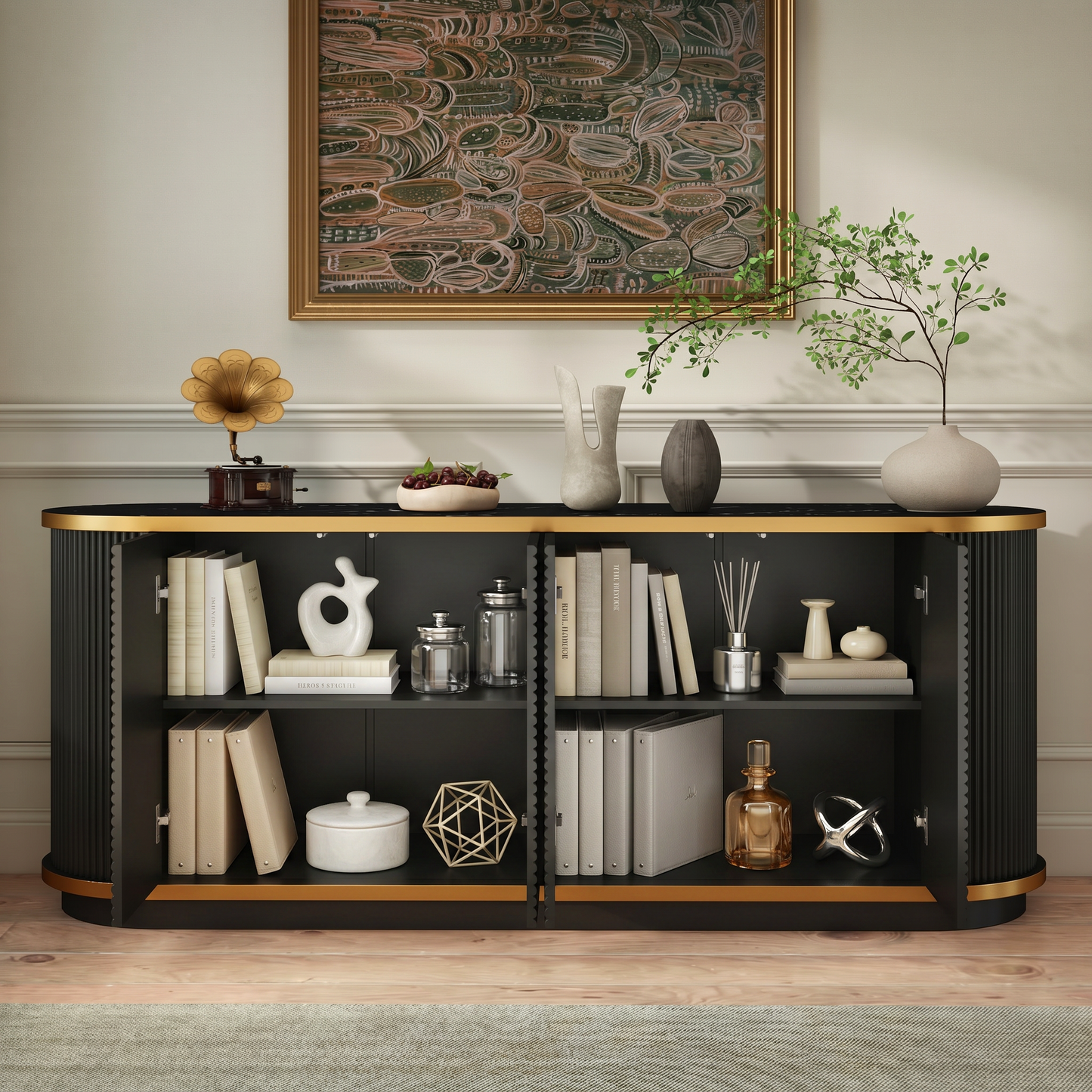 63" Diagonal Fluted Sideboard Cabinet with Storage, 4-Door Buffet Credenza TV Stand with Gold Trim, Black Faux Marble-Top Console Table, Modern Storage Cabinet for Dining Room, Living Room, Black image 5