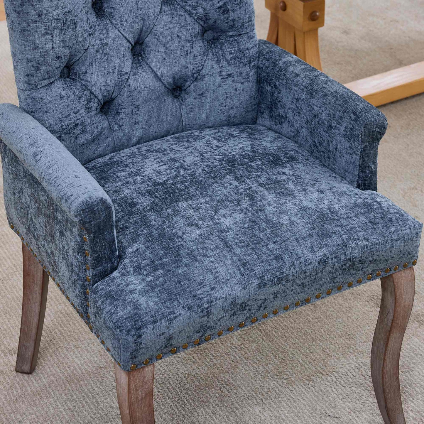 Upholstered Chenille Fabric Accent Dining Chair, Curved Solid Wood Legs, Elegant Tufted Club Dining Room Kitchen Room Arm Dining Chair, Single Pack,Blue,SW1895BL image 11