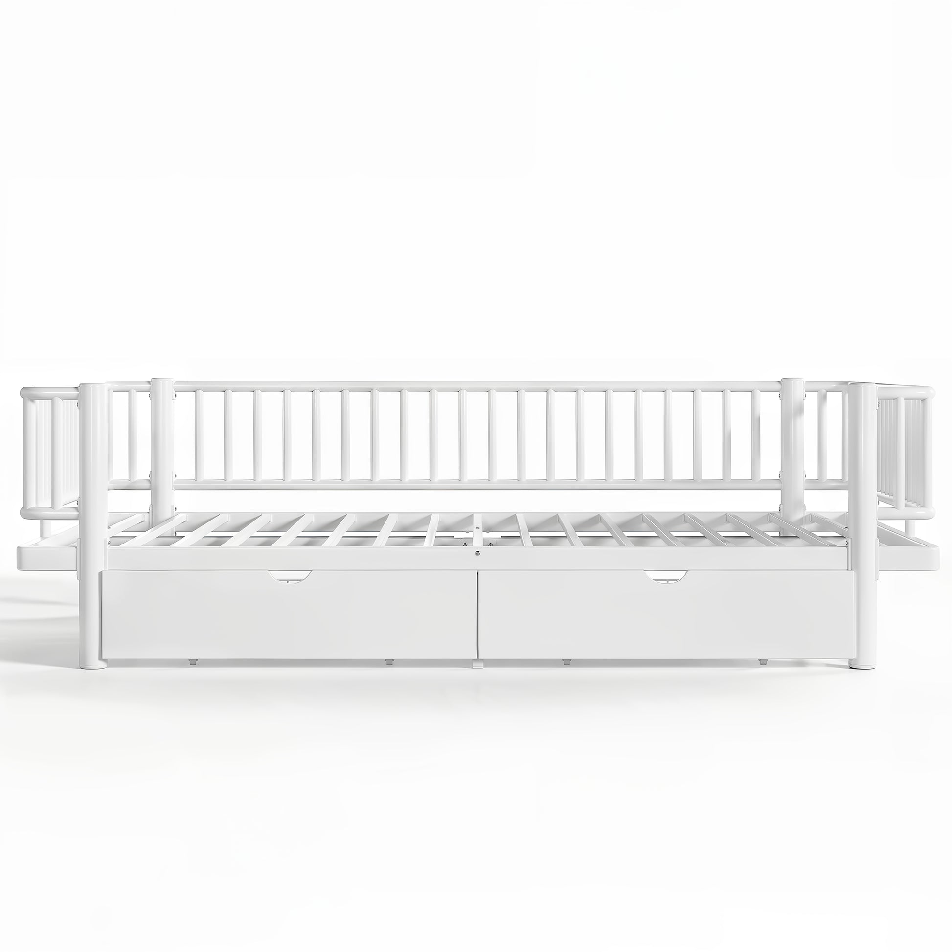 Queen Size Platform Bed with Storage Drawers, Metal Daybed Frame with Upgraded Safety Round-Pipe Design, Low Profile Design, White image 10