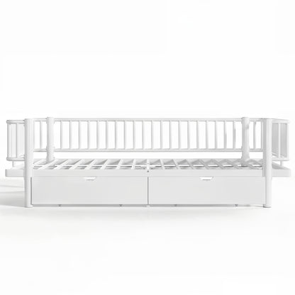 Queen Size Platform Bed with Storage Drawers, Metal Daybed Frame with Upgraded Safety Round-Pipe Design, Low Profile Design, White image 10