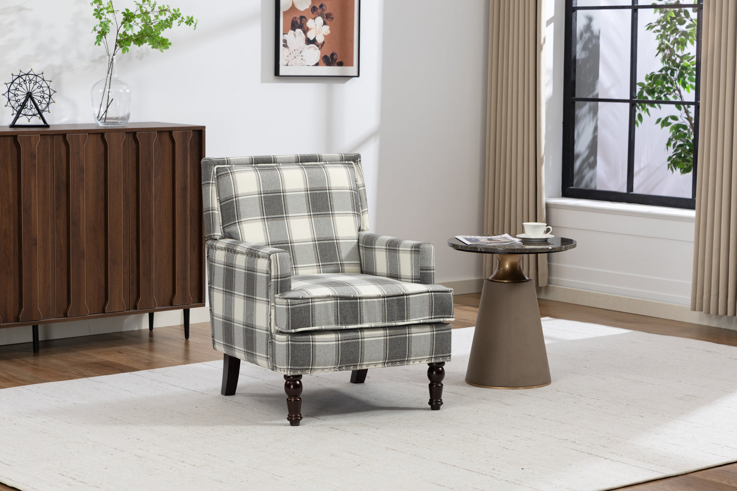Upholstered Accent Chair, Vintage Armchair with Grey Linen Fabric and Nailhead Trim for Living Room image 3