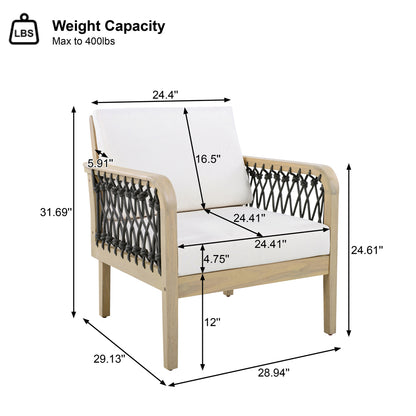 4-Piece Acacia Wood Outdoor Patio Furniture Set, All-Weather Conversation Sofa Set with Rope Woven Armrests, Removable Cushions for Backyard Garden,Light teak+Dark grey rope+Cream cushion image 5
