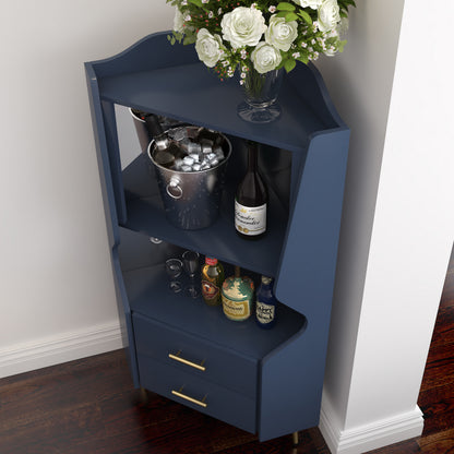 Wooden Corner bar cabinet with 2 open storage shelves and 2 drawers, mirrored back sideboard cabinet, high feet/legs for easy cleaning, buffet cabinet BLUE image 3