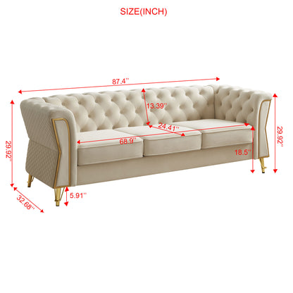 Modern Tufted Velvet Sofa 87.4 inch for Living Room Beige Color image 11