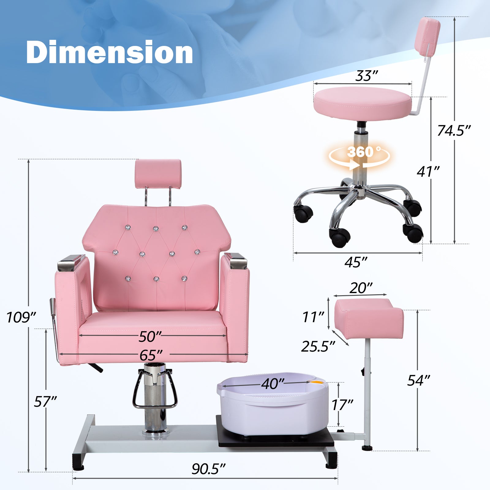 Pedicure Chair No Plumbing,Reclining Pedicure Station Unit with Adjustable Height and 360 Swivel,Hydraulic Foot Spa Chiar with Footrest and Massage Foot Bath, Pink image 3