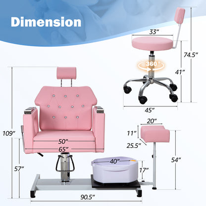 Pedicure Chair No Plumbing,Reclining Pedicure Station Unit with Adjustable Height and 360 Swivel,Hydraulic Foot Spa Chiar with Footrest and Massage Foot Bath, Pink image 3