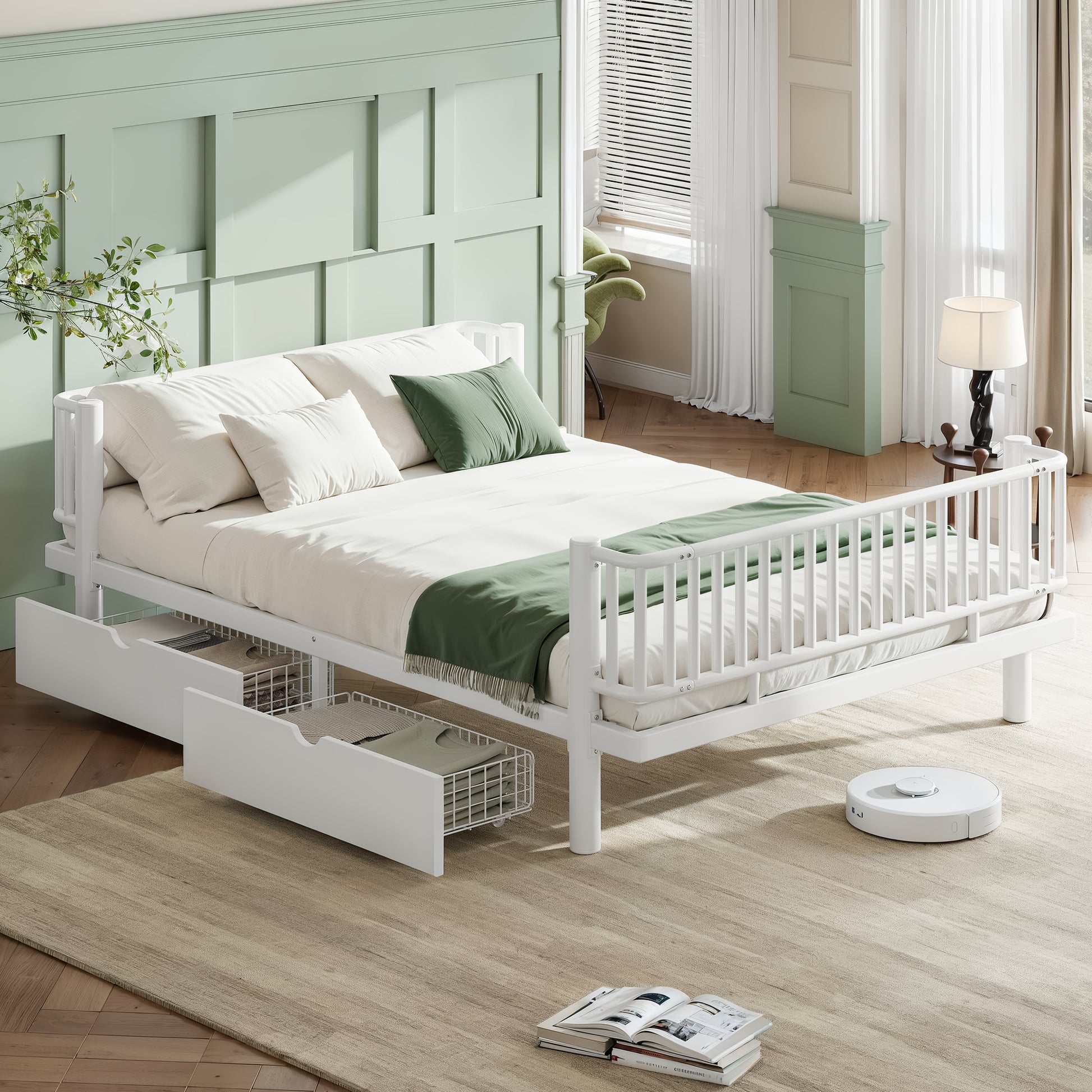 Queen Size Platform Bed with Storage Drawers, Metal Daybed Frame with Upgraded Safety Round-Pipe Design, Low Profile Design, White image 4