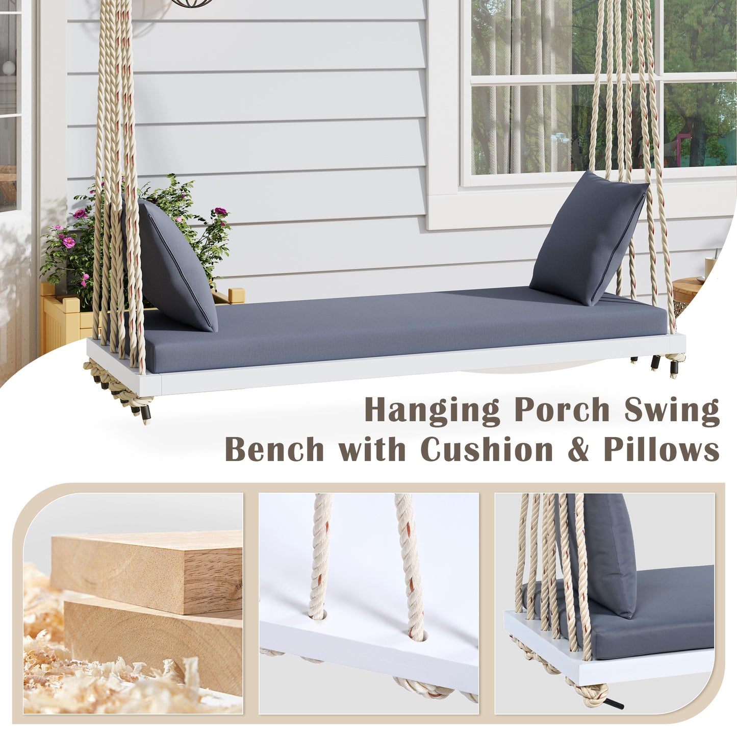 TOPMAX Patio Wooden Swing Chair, Hanging Porch Swing Bench with Cushion&Pillows, 10.8Ft Hemp Ropes for Garden,Backyard, Lawn,White image 4