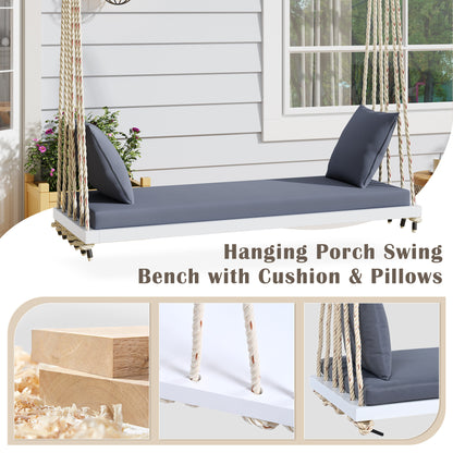 TOPMAX Patio Wooden Swing Chair, Hanging Porch Swing Bench with Cushion&Pillows, 10.8Ft Hemp Ropes for Garden,Backyard, Lawn,White image 4