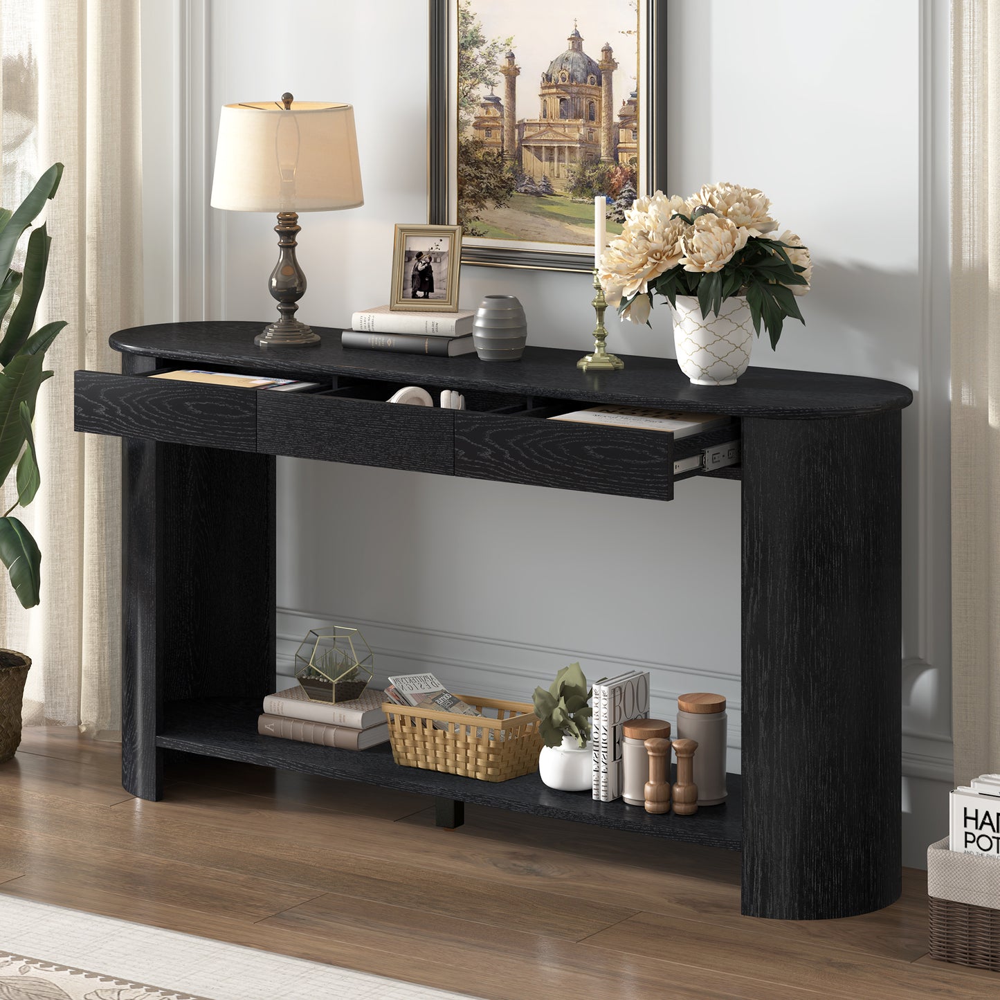 U_Style 59.8'' Modern Oak Veneer Console Table with 3 Drawers,Farmhouse Entryway Table with Shelf,Wood Sofa Table with Semi-Circular Design, Suitable for Living Room,Hallway,Entryway, Foyer, Corridor image 1