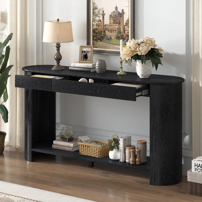 U_Style 59.8'' Modern Oak Veneer Console Table with 3 Drawers,Farmhouse Entryway Table with Shelf,Wood Sofa Table with Semi-Circular Design, Suitable for Living Room,Hallway,Entryway, Foyer, Corridor image 1