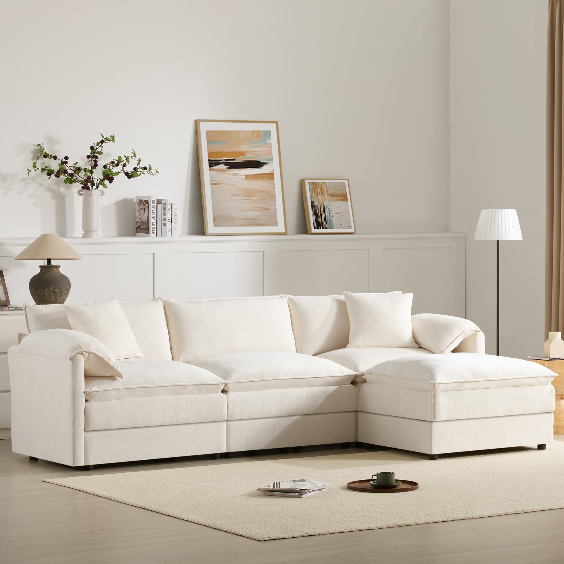 [NEW SKU of N723S0687W]103" Chenille Modular Sectional Sofa with Deep and Wide Seat, L Shaped Cloud Couch Set with Double Cushions, 4 Seat Sofa with Movable Ottoman, Oversized Indoor Furniture image 1