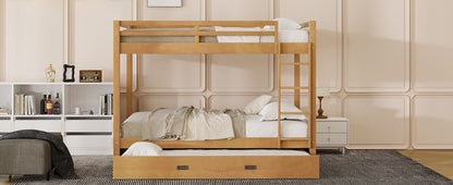 Wood Queen Size Bunk Bed with Ladder and Trundle, Wood Color image 8