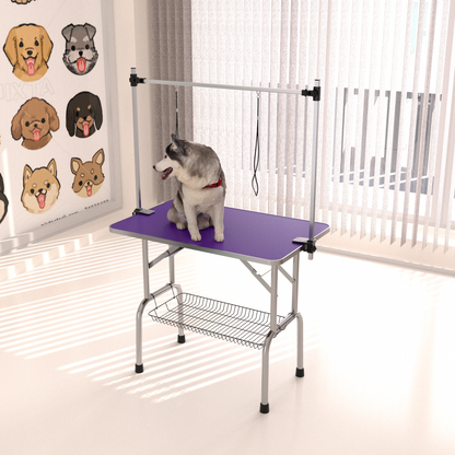 36" Folding Dog Pet Grooming Table Stainless Steel Frame Rubber Mat on Board with Adjustable Arm and Clamps pet dog Cat Grooming Table (PURPLE COLOR) image 1