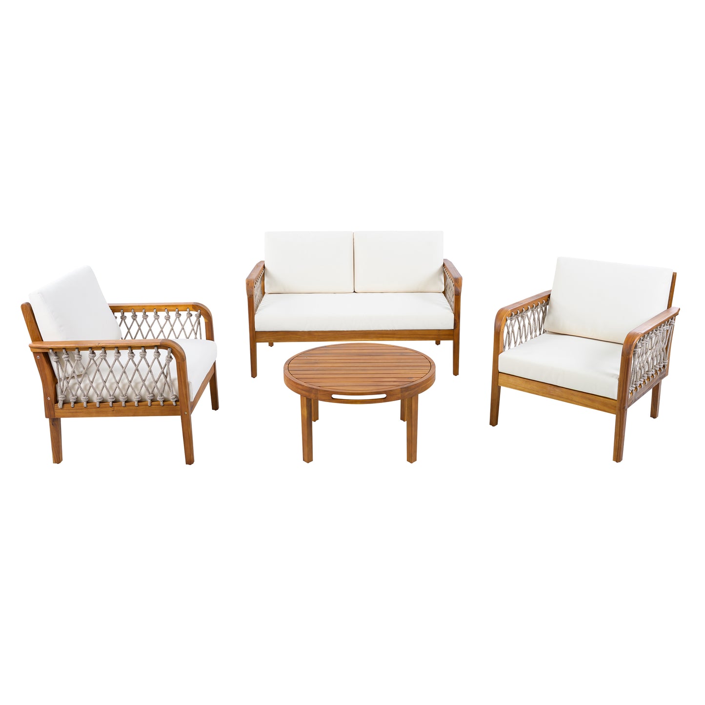 4-Piece Acacia Wood Outdoor Patio Furniture Set, All-Weather Conversation Sofa Set with Rope Woven Armrests, Removable Cushions for Backyard Garden,Teak finish+Oatmeal rope+Cream Beige cushion image 3
