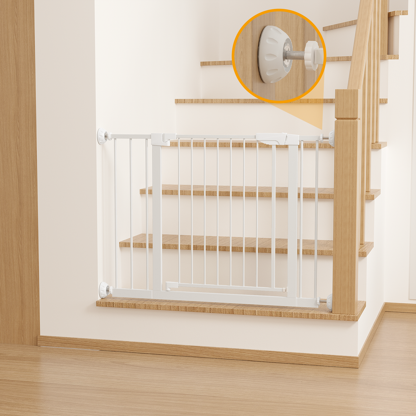 29.5-45.3" Wide Baby Gate with wall protector for Stairs, Dog Gate Indoor for Doorways, No Drilling Pressure Mounted Pet Gates for Kids, Easy Walk Through Safety Gate, White image 9