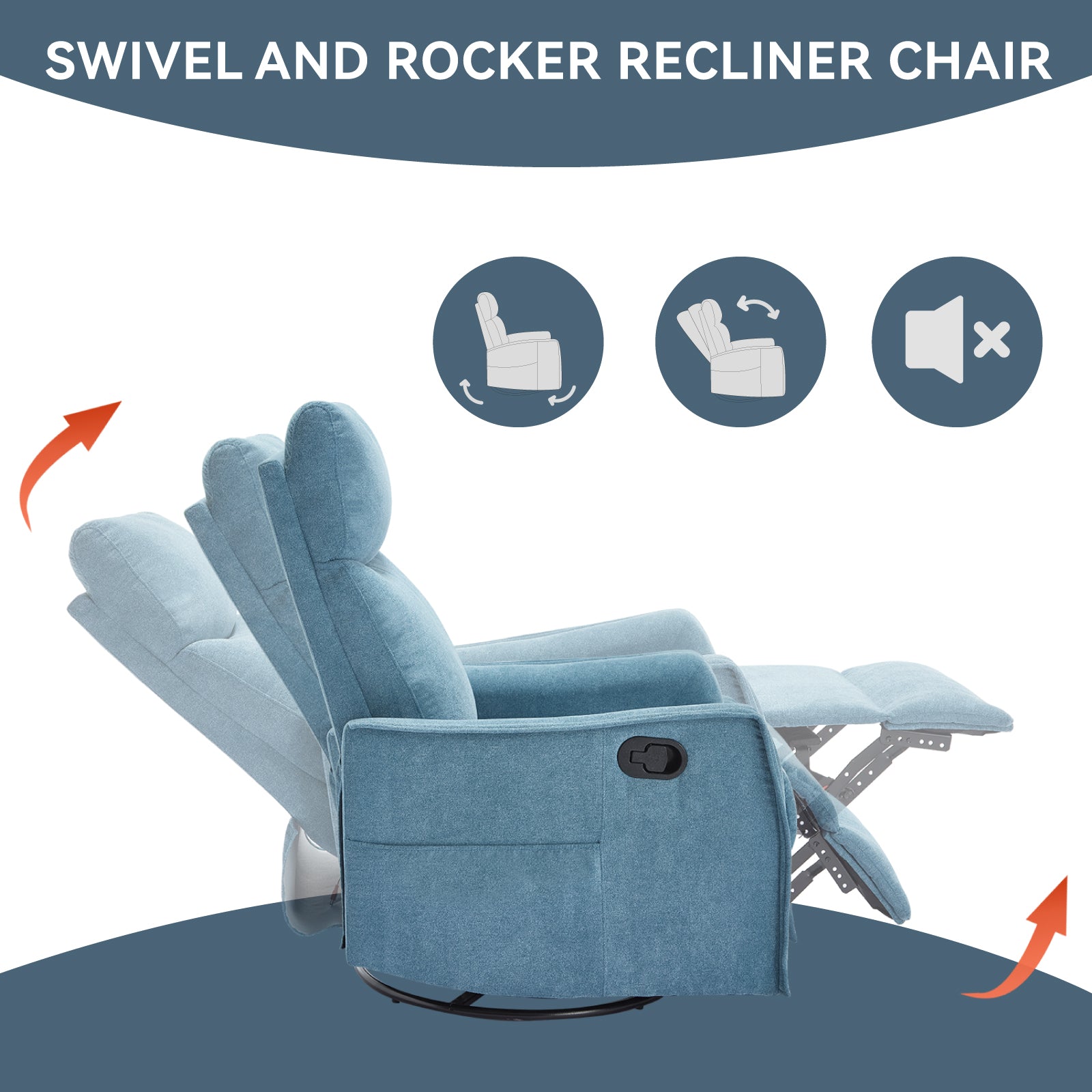 Heat Massage Manual Recliner Chair with Rocker and Swivel in Fabric for Living Room, Blue image 6