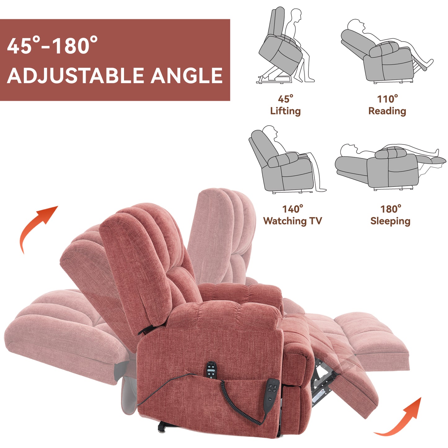 Dual Motor Heat Massage Infinite Position Up to 350 LBS Electric Power Lift Recliners with Power-Remote, Medium-firm and Heavy Duty, Red image 6
