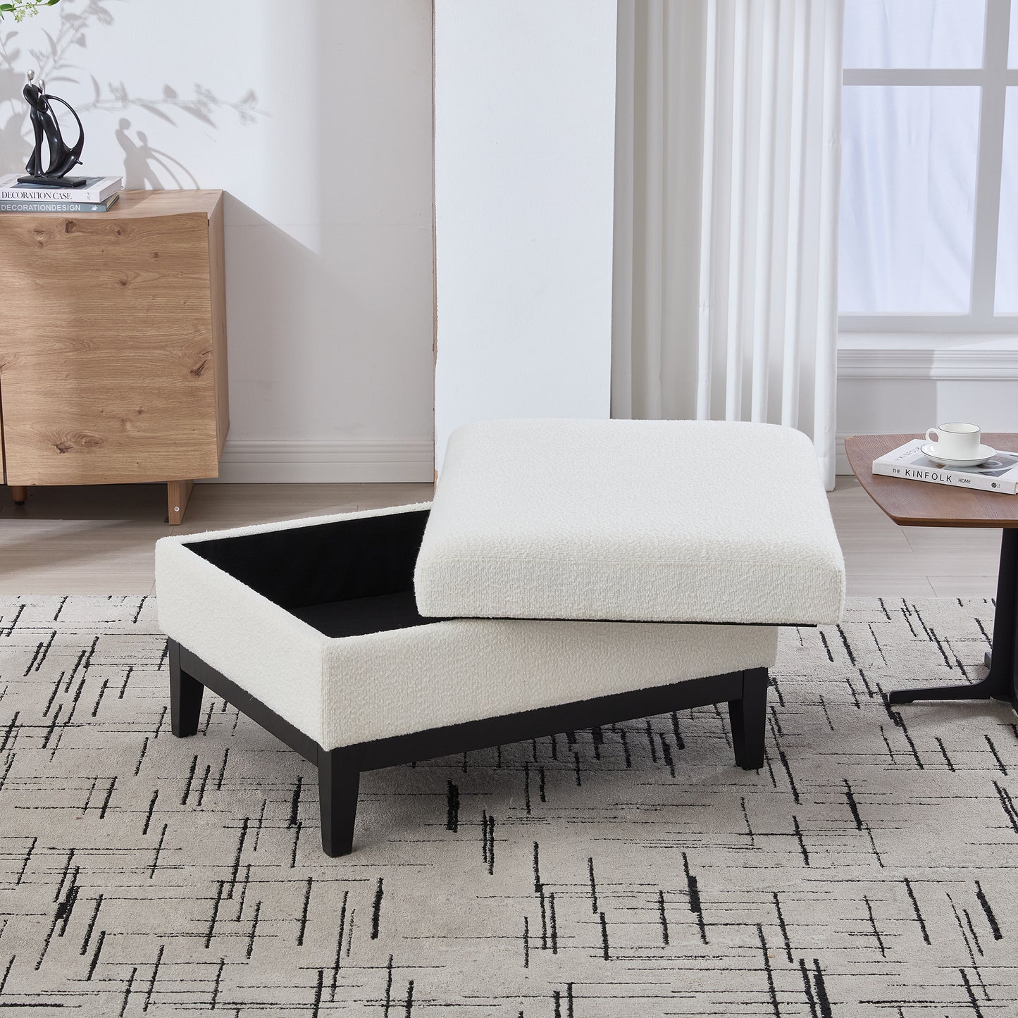 33.86"W Upholstered Wood Base Storage Ottoman With Reversible Lid Coffee Table, Foot Stool Square Footrest with Rubberwood Legs for Living Room Bedroom Entryway and Office, Ivory Boucle. image 4