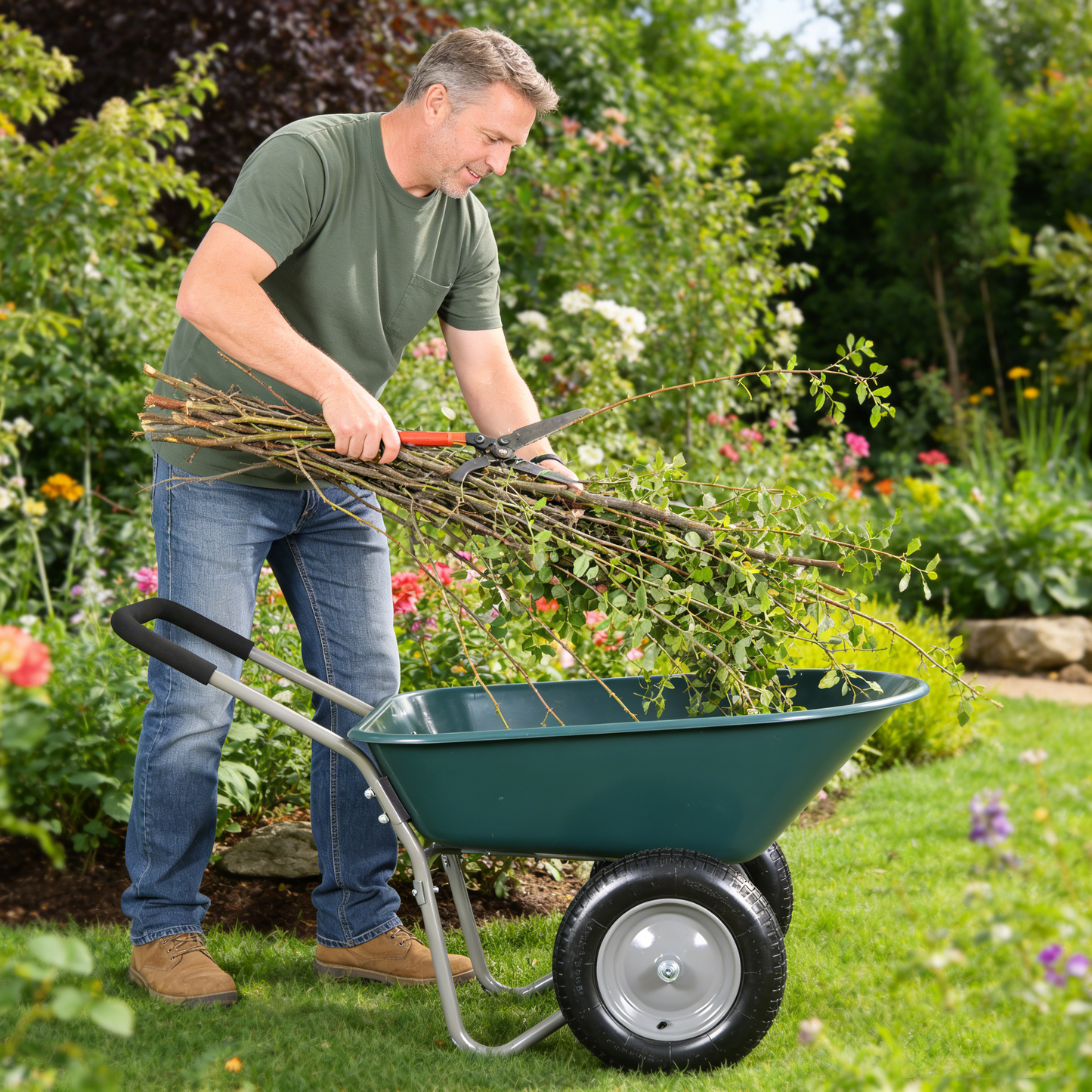 wheel barrow Two wheeled trolley for green garden 15 inch pneumatic wheel WB1001GN image 1