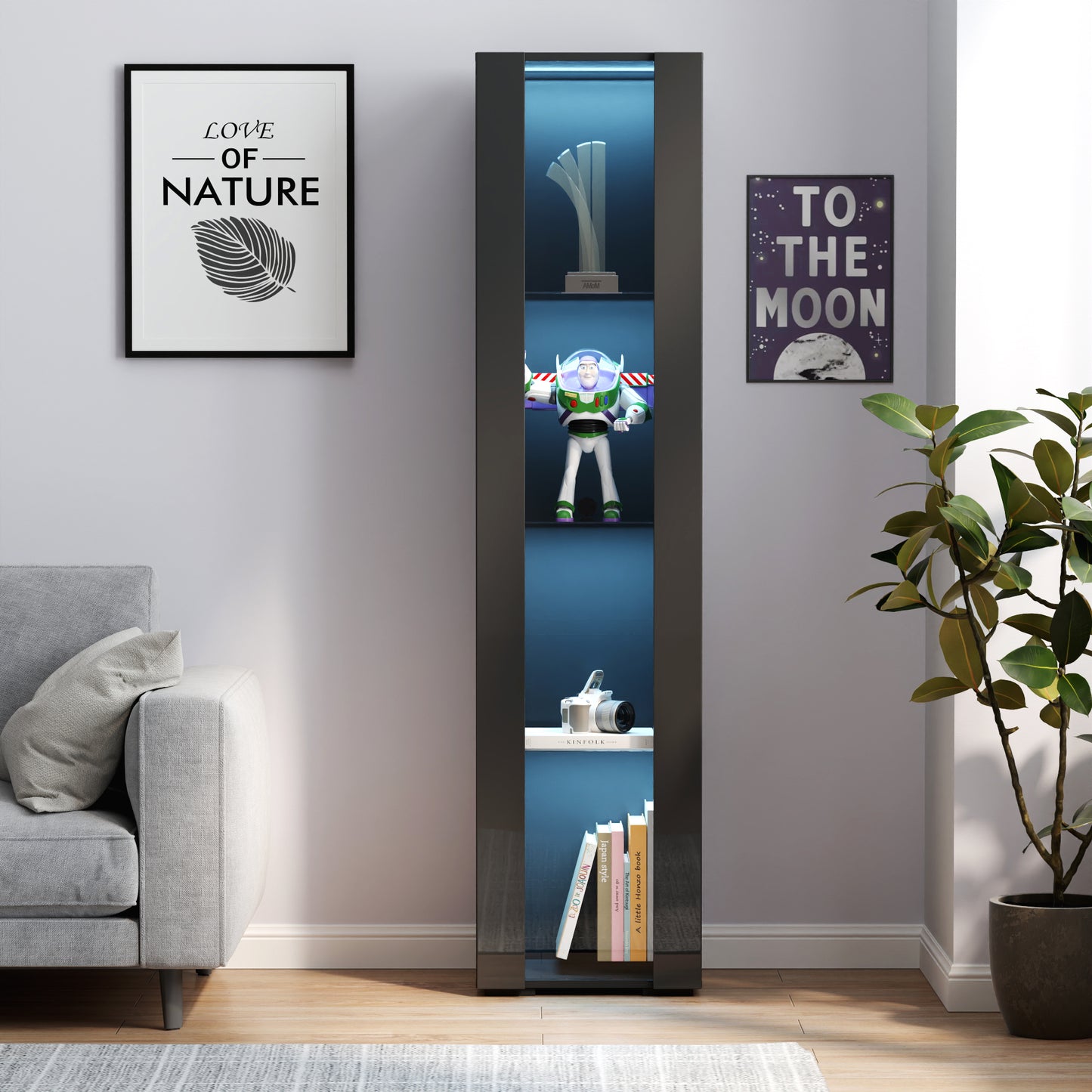 Black side cabinet with aluminum strip lamp,With large storage space image 1