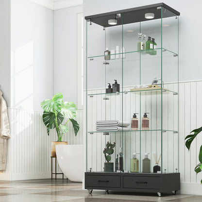 Modern Glass Display Cabinet with 2 Large Drawers, Quick-assembly Antique Cabinet with LED lights, Tempered Glass Bookshelf, 2-Door Storage Case with 4 Shelves for Living Room and Bedroom, black image 2