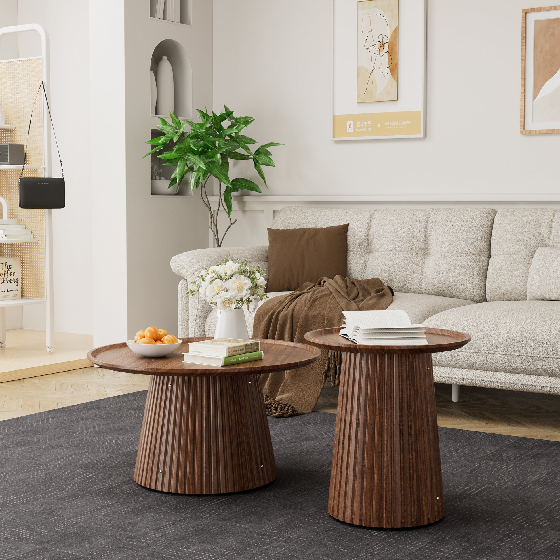Round Coffee Table Set of 2, Large & Small Wooden Center & Side Tables, Modern Walnut Finish for Living Room & Office image 1