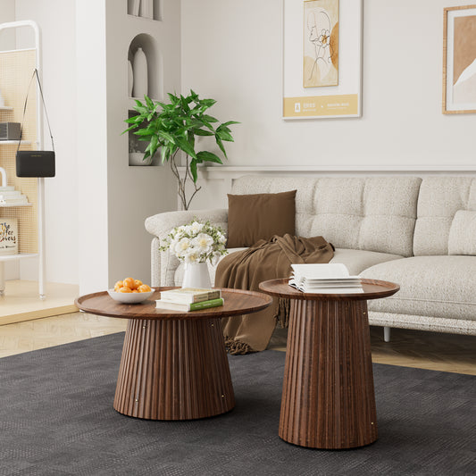 Round Coffee Table Set of 2, Large & Small Wooden Center & Side Tables, Modern Walnut Finish for Living Room & Office image 1