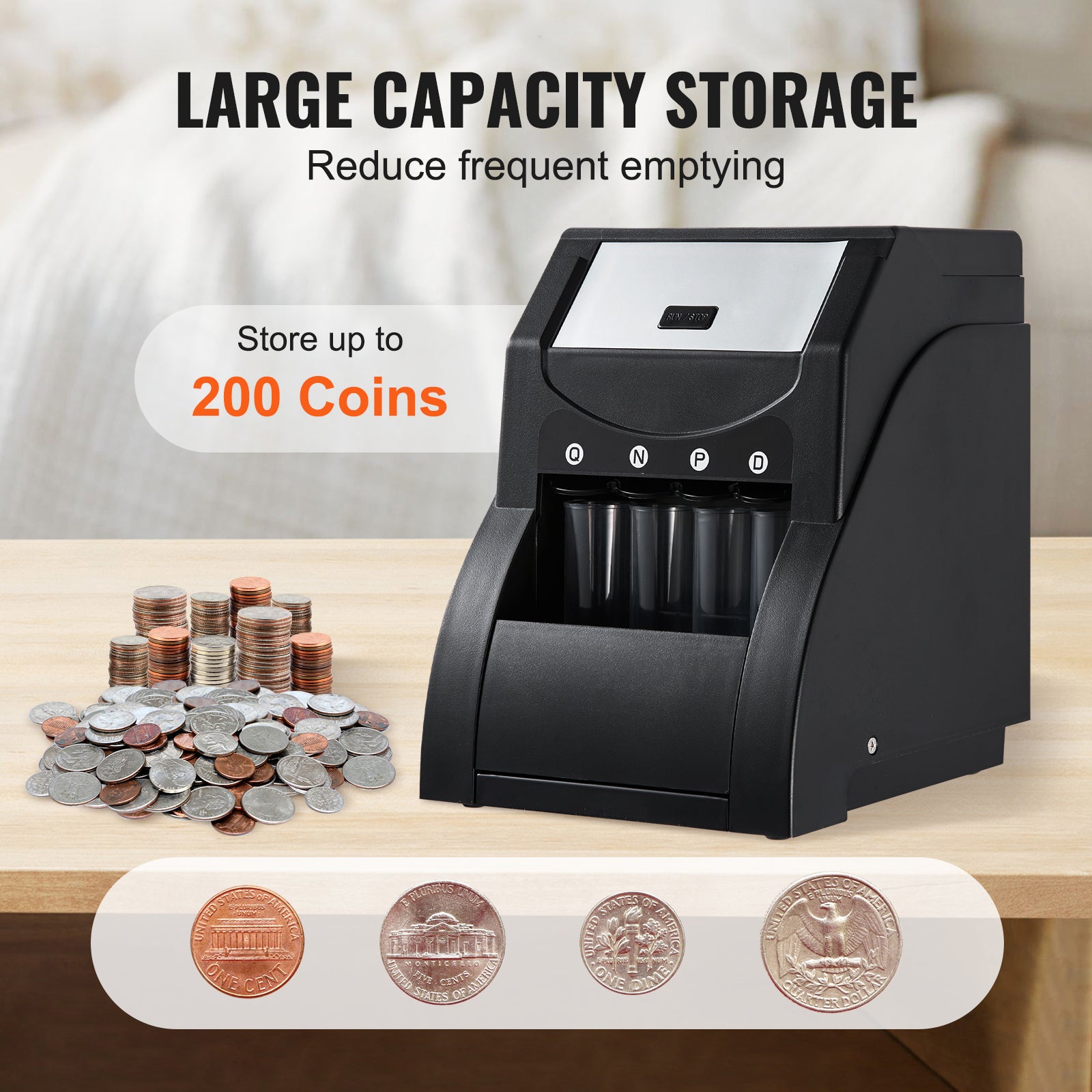 USD Coin Sorter, Coin Sorter Machine for USD Coin 1￠ 5￠ 10￠ 25￠, Sorts up to 230 Coins/min, Coin Sorter and Wrapper Machine Holds 200 Coins Included 4 Coin Tubes, Black image 5
