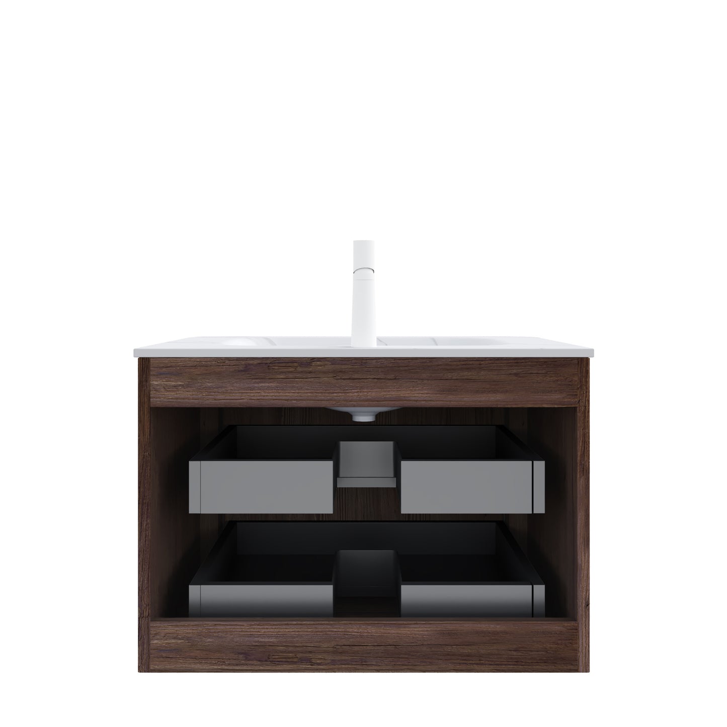 NOOR 30" Bathroom Vanity with Sink, Wall-Mounted Floating Plywood Bathroom Storage Cabinet with 2 Drawers, Carrara White Basin, NO Faucet, Pre-assembled, Retro Walnut Woodgrain Color image 4
