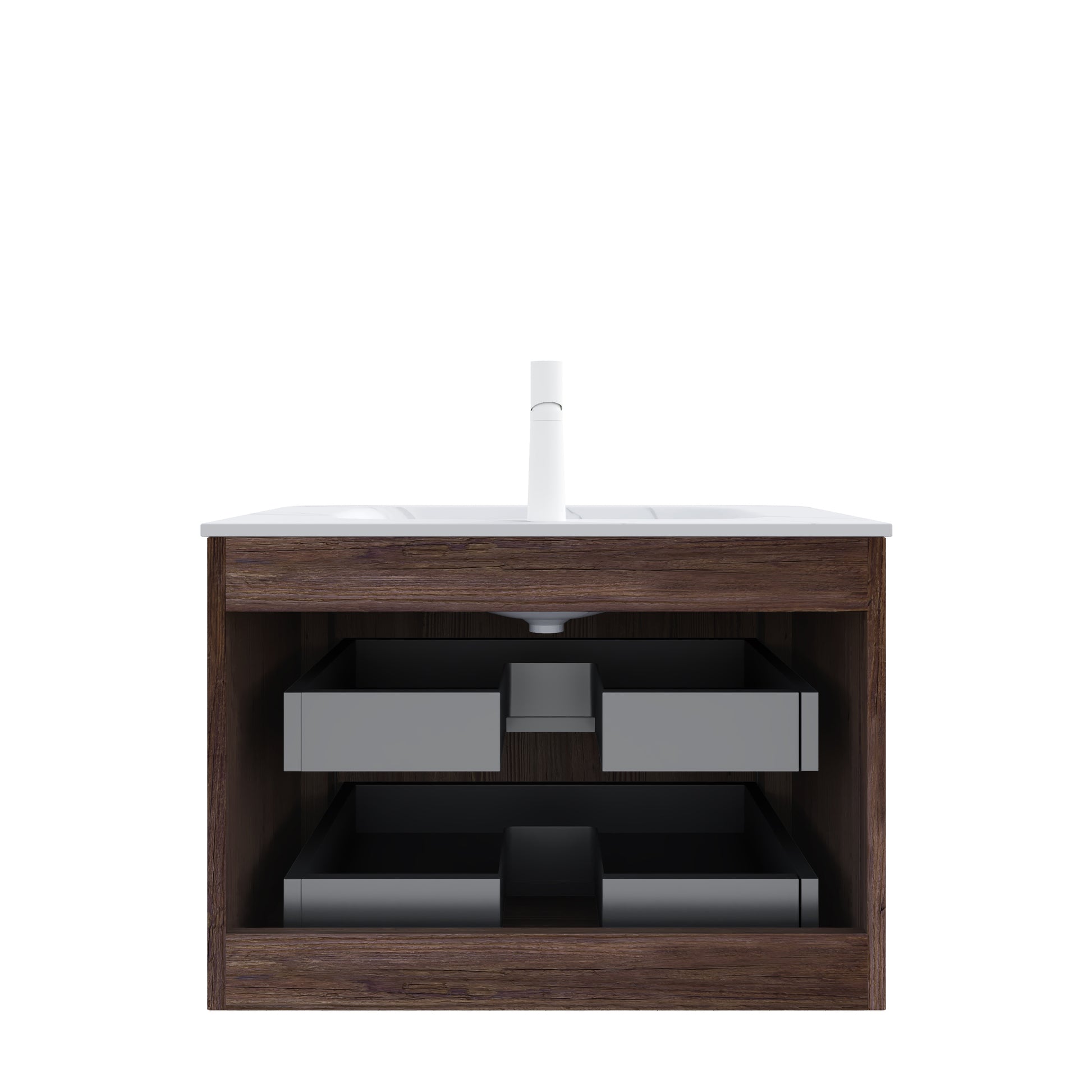 NOOR 30" Bathroom Vanity with Sink, Wall-Mounted Floating Plywood Bathroom Storage Cabinet with 2 Drawers, Carrara White Basin, NO Faucet, Pre-assembled, Retro Walnut Woodgrain Color image 4