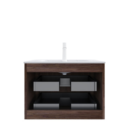 NOOR 30" Bathroom Vanity with Sink, Wall-Mounted Floating Plywood Bathroom Storage Cabinet with 2 Drawers, Carrara White Basin, NO Faucet, Pre-assembled, Retro Walnut Woodgrain Color image 4