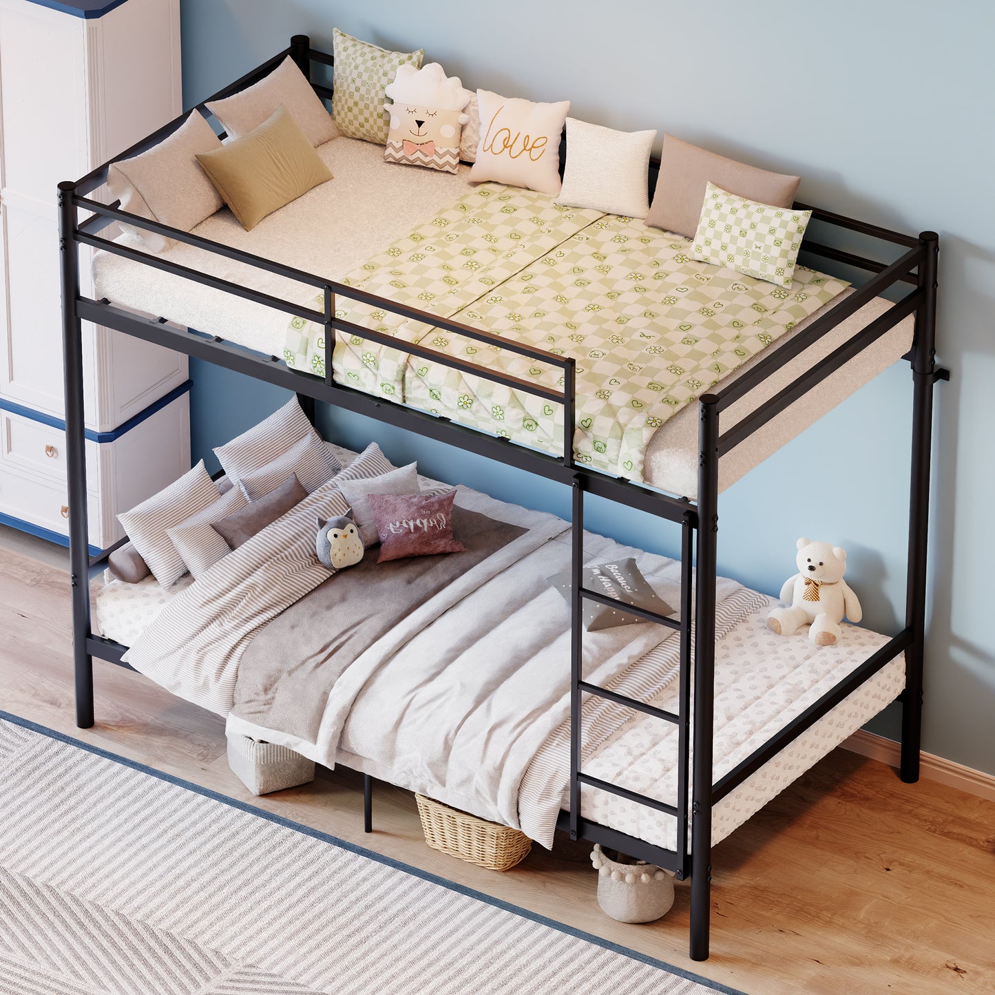 Bunk Bed with Ladder and high Guardrail, Metal Bunk Bed, Storage Space, Noise Free,Twin Over Twin Size,Black image 3