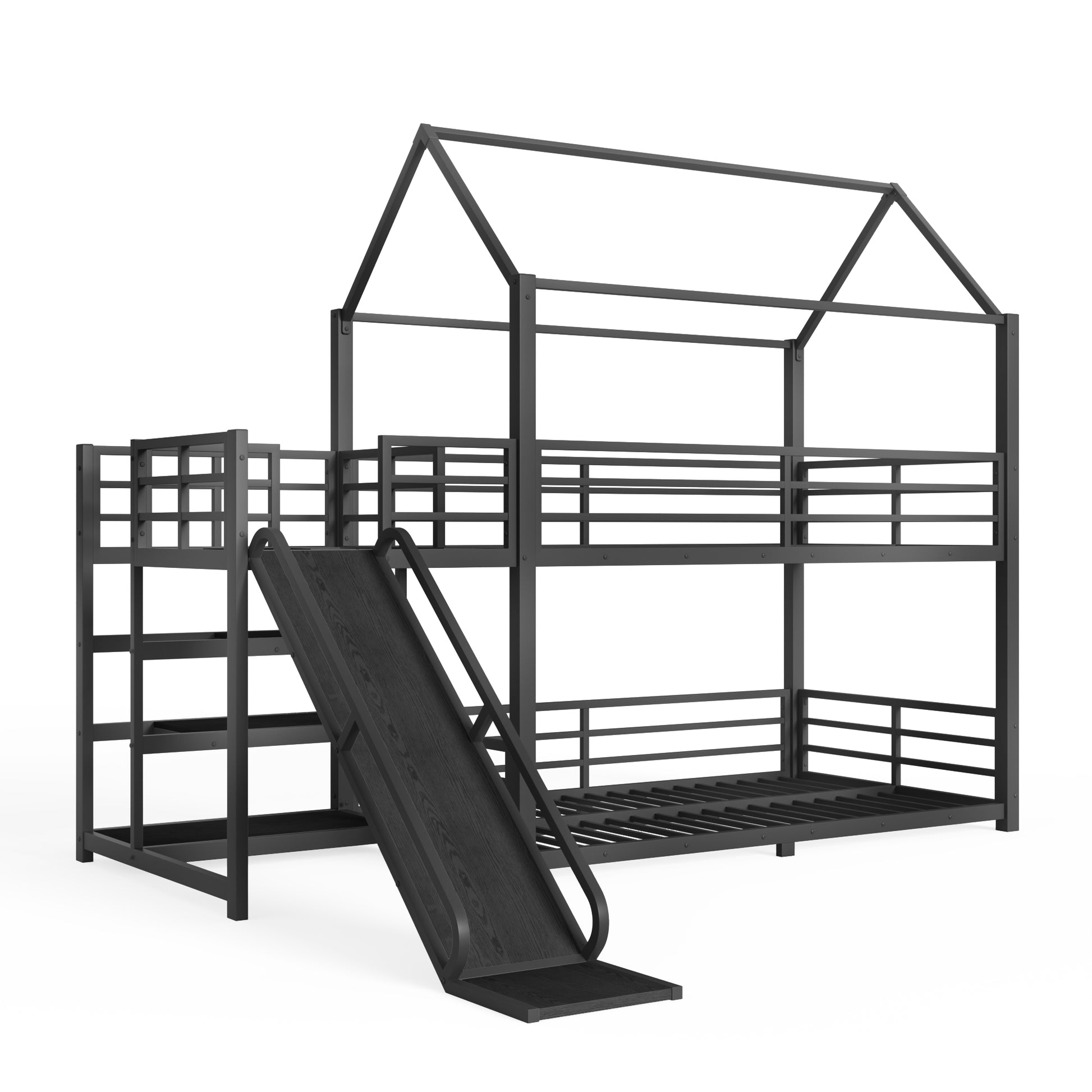 Twin metal House Bunk Bed with Storage Stairs, Slide, Safety Rails, Black image 10