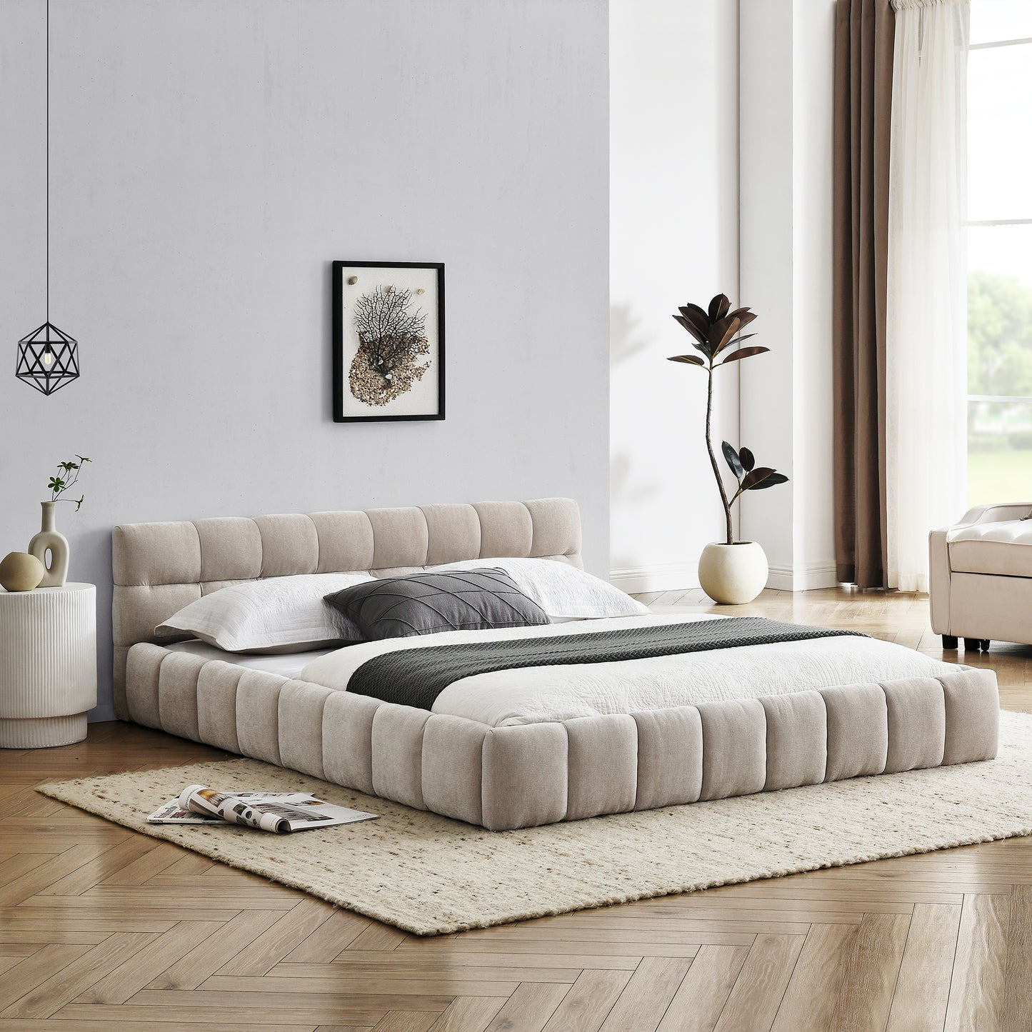 Queen Size Upholstered Bed Frame with Thick Fabric, Chenille Fabric Grounded Queen Size Platform Bed with Headboard and Solid Frame. No Box Spring Needed, Beige(68''*86.5''*23.5'') image 2