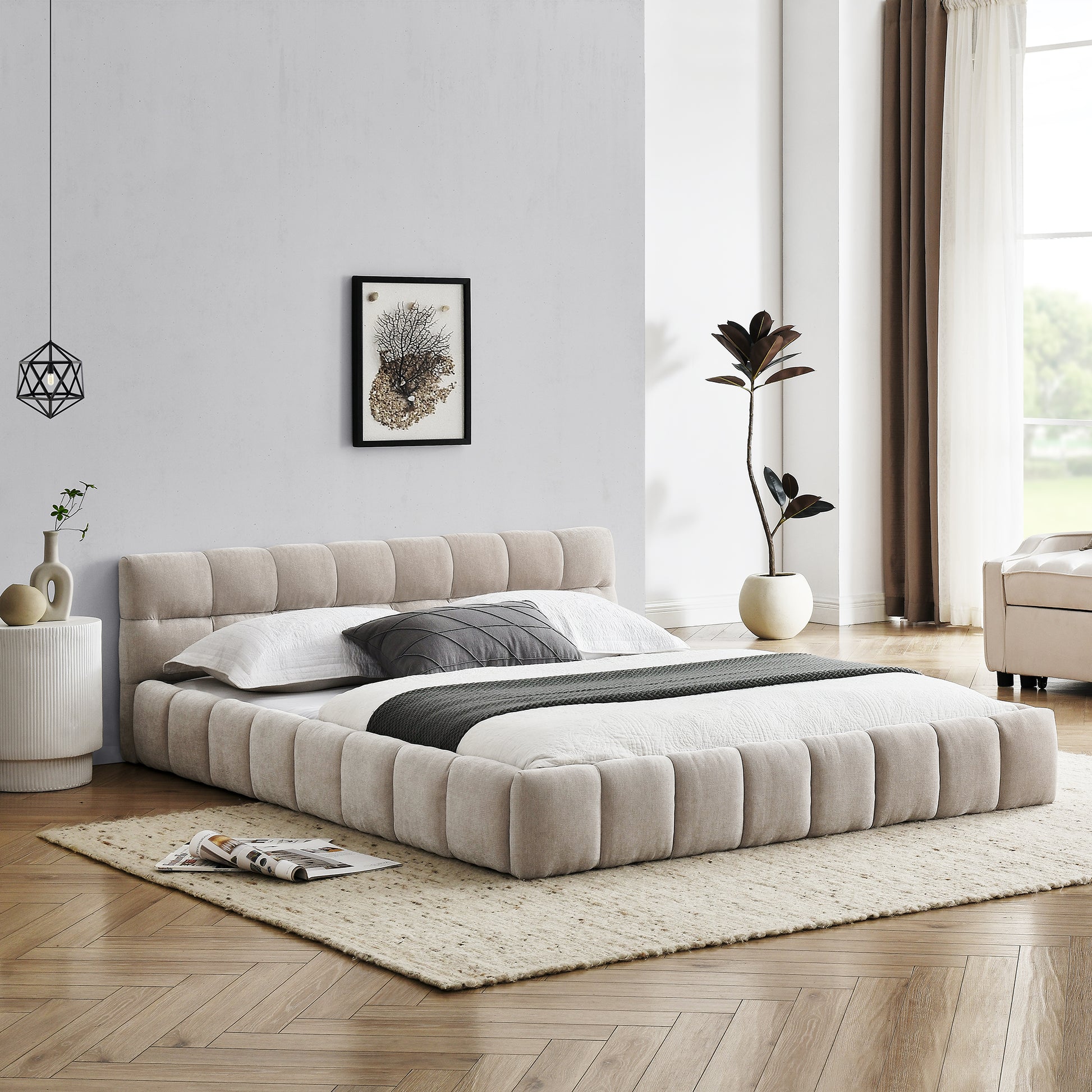 Queen Size Upholstered Bed Frame with Thick Fabric, Chenille Fabric Grounded Queen Size Platform Bed with Headboard and Solid Frame. No Box Spring Needed, Beige(68''*86.5''*23.5'') image 2