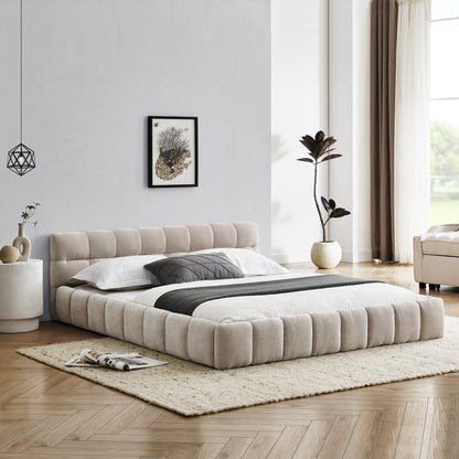 Queen Size Upholstered Bed Frame with Thick Fabric, Chenille Fabric Grounded Queen Size Platform Bed with Headboard and Solid Frame. No Box Spring Needed, Beige(68''*86.5''*23.5'') image 2