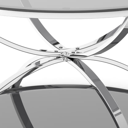 31.50'' Modern Glass Coffee Table with 2 Tiers, Ring-Shaped Frames, Chrome Finish and Gray Tempered Glass, Round Coffee Table for Living Room, Bedroom and Office, Silver image 8