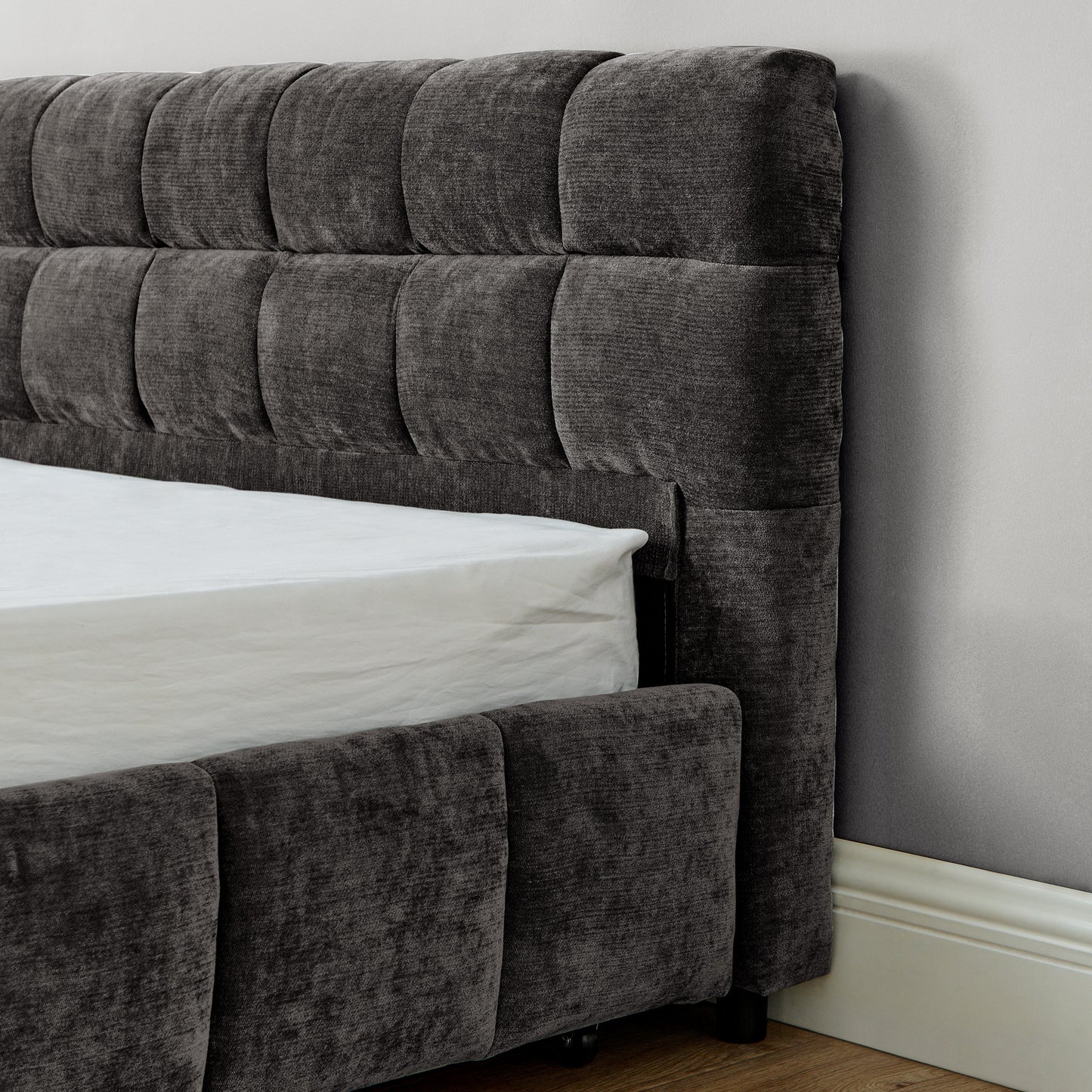 California King size Upholstered Bed,comfortable upholstered bed frame, Chenille fabric, with headboard and solid bed frame. With drawer for storage.-Dark Gray(90.5''*80.5''*31'') image 9