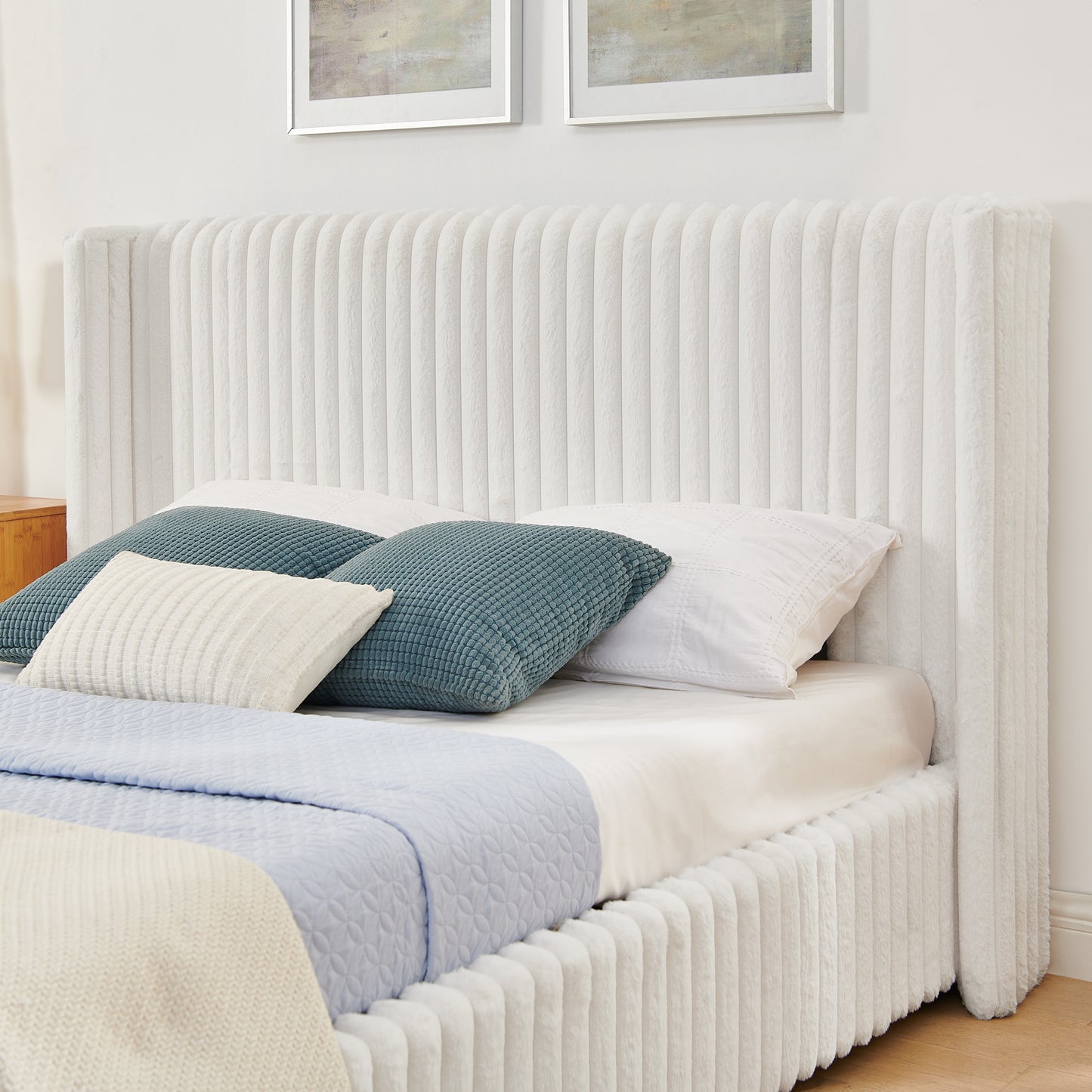 Queen Functional Vertical Striped Bed with Gas Lift Storage, Luxury Fluffy Rabbit Fur Fabric Up-holstered Double Bed image 7
