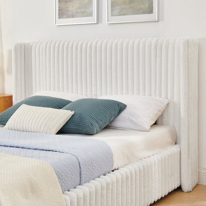 Queen Functional Vertical Striped Bed with Gas Lift Storage, Luxury Fluffy Rabbit Fur Fabric Up-holstered Double Bed image 7