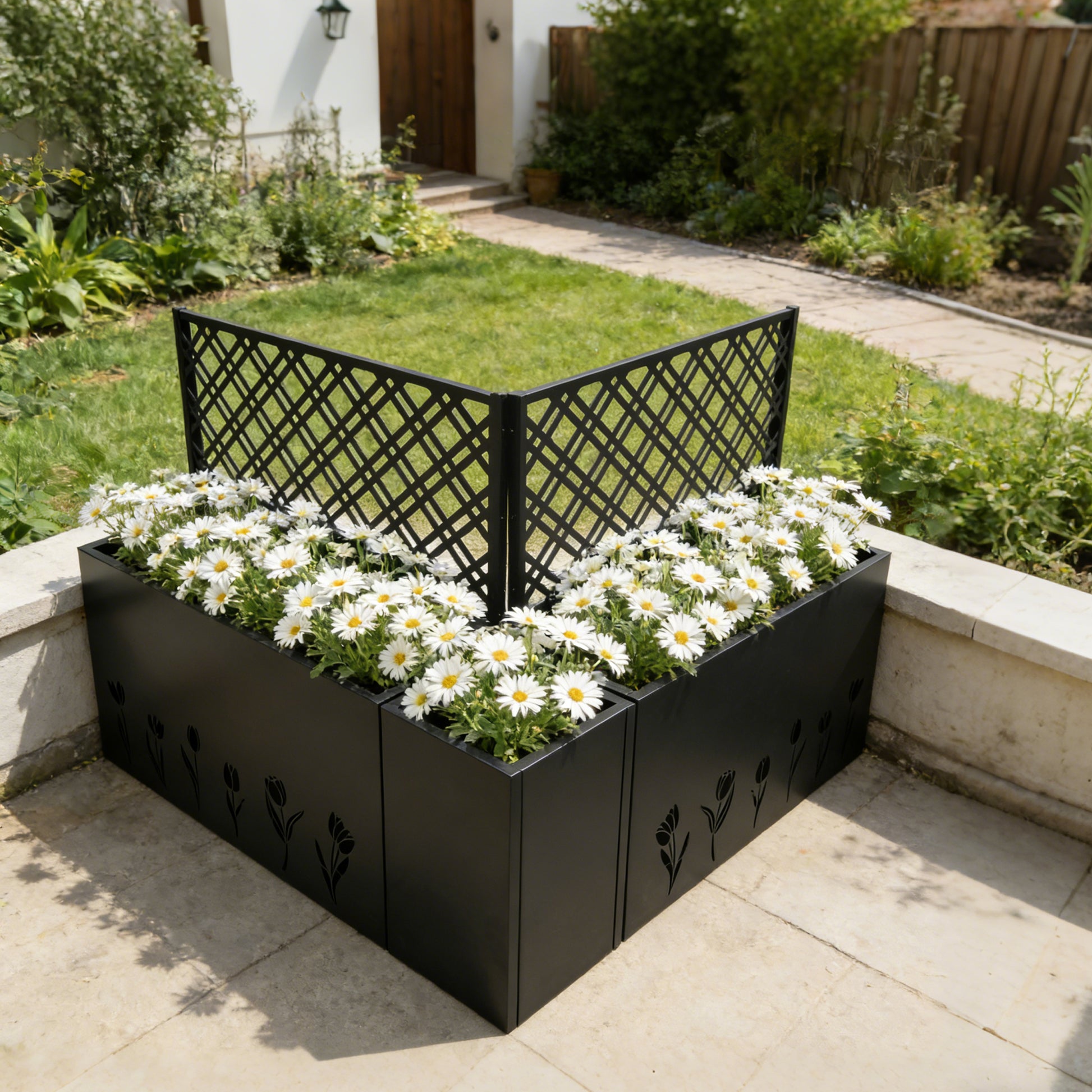 Metal Planter-Trellis Combo (Set of 3) - Raised Garden Bed, Flower Trellis & Privacy Screen for Patio, Balcony, Garden, Rust-Resistant Planter Box with Drainage Holes, 23.6in Depth Planting Bed, Tulip image 8