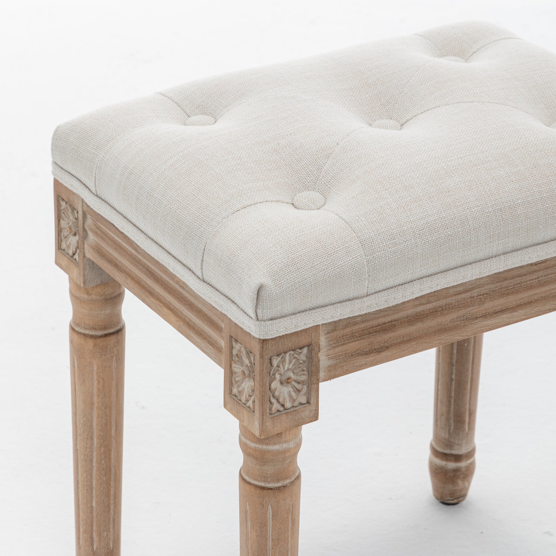 Tufted Vanity Stool with Linen Upholstery & Carved Solid Wood Legs, Dressing Bench for Bedroom, Beige image 9
